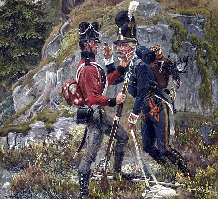 Norsk og svensk soldat under Syvårskrigen, 1807-1814. Ole Pedersen Hanevold fra Kolbu deltok i denne krigen.